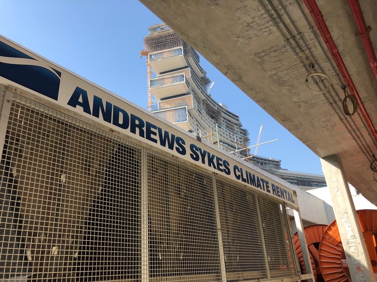 rented chiller on construction site High capacity cooling arrangement protects workers at iconic Dubai location